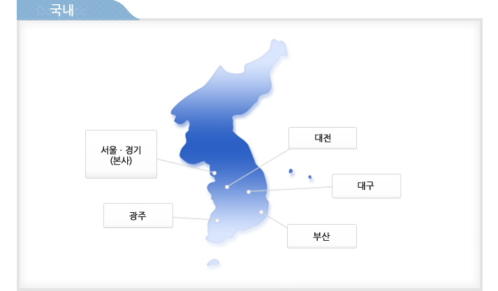 Seoul, Gyeonggi (headquarters), Daejeon, Daegu, Gwangju, Busan